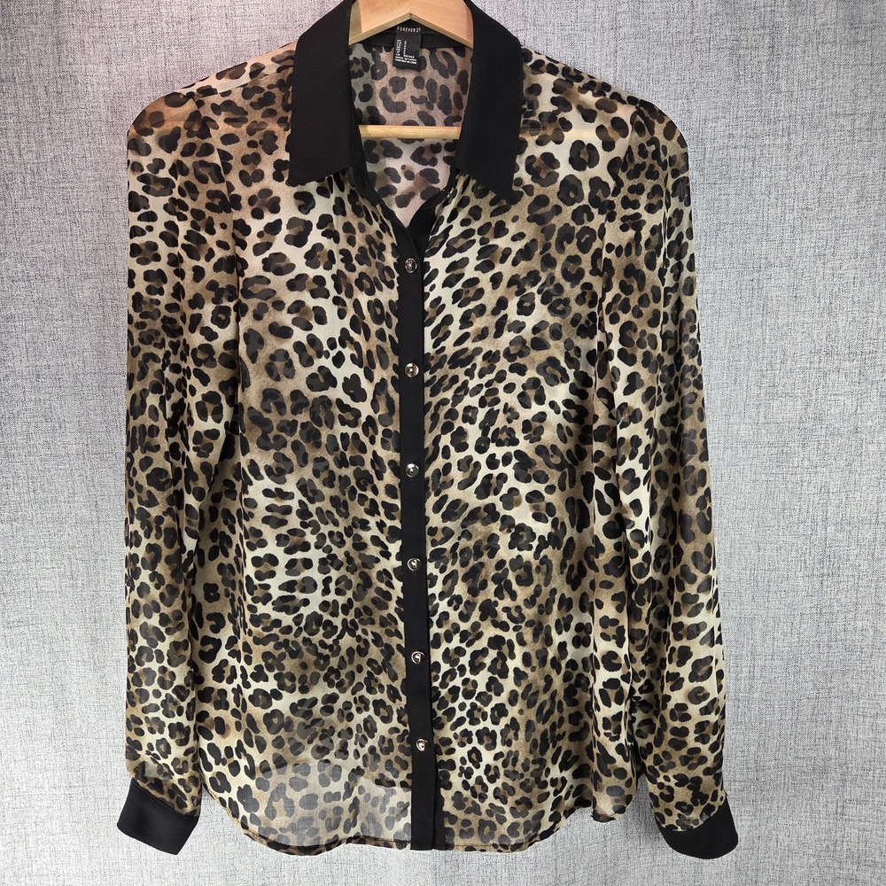 Forever 21 Sheer Leopard Print Button Up Blouse Business Casual Small Edgy